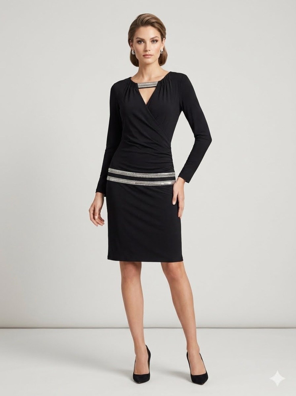 Cache Black Long-Sleeve Sheath Dress with Silver Embellished Trim